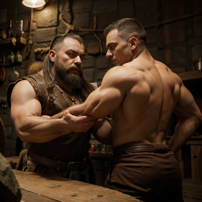 A Goliath in an intense arm wrestle with a dwarf