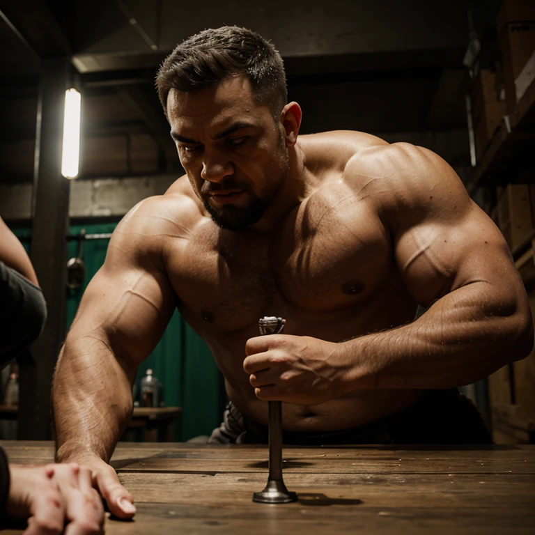 A Goliath in an intense arm wrestle with a dwarf