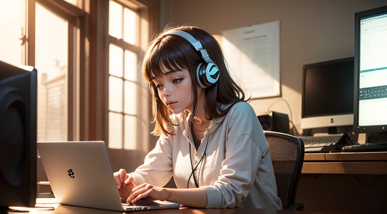 (((masterpiece))), (((best quality))), ((ultra-detailed)) ((sunlight light)) lofi girl is listening to music and is working on her computer