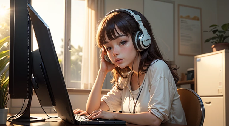 (((masterpiece))), (((best quality))), ((ultra-detailed)) ((sunlight light)) lofi girl is listening to music and is working on her computer