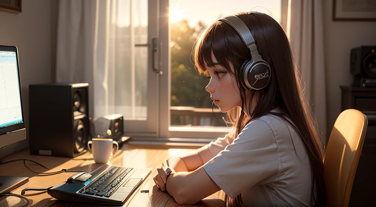 (((masterpiece))), (((best quality))), ((ultra-detailed)) ((sunlight light)) lofi girl is listening to music and is working on her computer