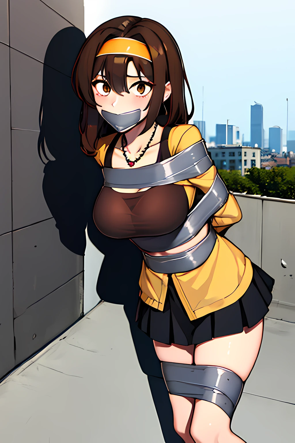 (masterpiece), best quality, expressive eyes, highres, perfect eyes, perfect face, perfect hands, 1girl, genie, zodiac, shirt over 1 shoulder, Brown bikini, long sleeves, necklace, long Brown Hair, city background, headband, Brown eyes, Brown skirt, small bust, rings, bracelets, charismatic, crazy face, crazy eyes, crazy smile, perfect anatomy, half body, l1girl, solo, brown shirt, gold letters, graphic t-shirt, bracelets, rings, necklace, jewelry, arm sleeves, fingerless gloves, manipulative, gaslighting, friendly, bound, bondage, (arms behind back:1.4), bdsm, tape gag, tape bondage, bondage, taped wrists, taped breasts, taped mouth, standing up,