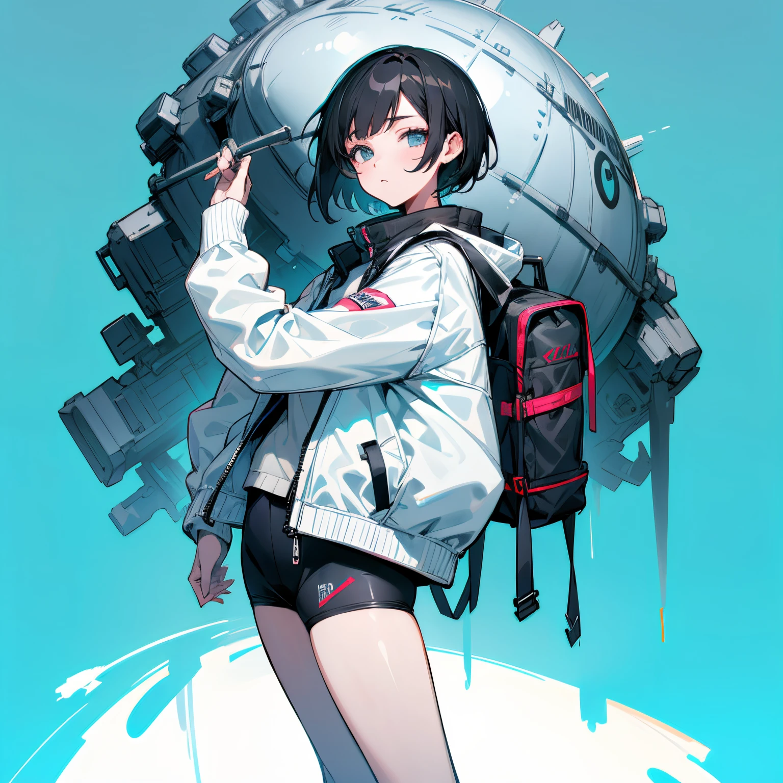 (masutepiece:1.2, Best Quality), [1 girl in, expressioness, Turquoise eyes,jet-black hair, Half shorthair,White jacket,Take off your jacket, ] (Gray white background:1.3),