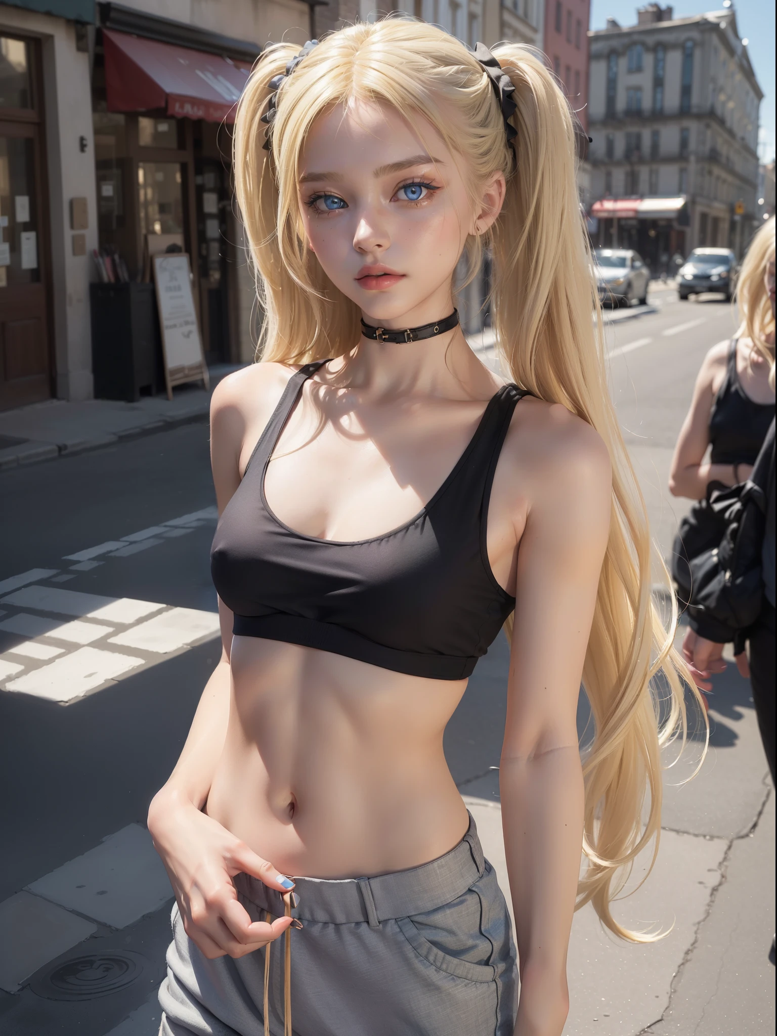 (8k, masterpiece, ultra-Highres, ultra-detailed:1.2), 1girl, (posing), slightly open mouth, blushing, 19 years old Danish girl, (slim:1.2), (thin:1.2), (very small breasts:1.7), (narrow waist), (day cityscape), (blurry background), (navel), (black sleeveless jogging tank top), (black jogging shorttremely detailed face), (extremely detailed eyeocus on face and torso, (long blonde hair:1.2), pigtails, blue eyes, (looking at viewer:2), Eyeshadow, lipstick
