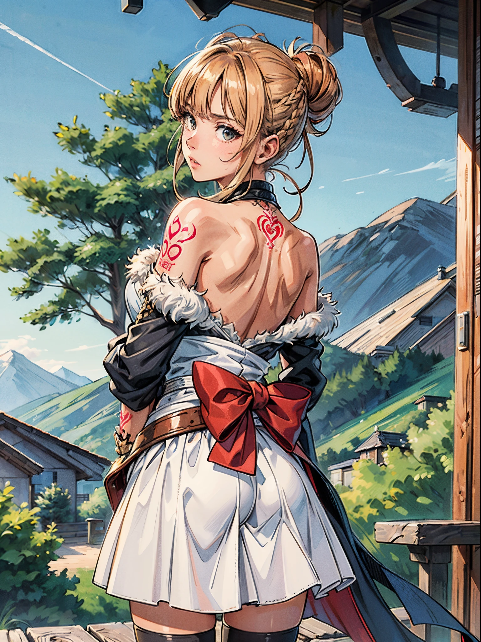 2girls, couple, hug from behind, (masterpiece, best_quality, ultra-detailed, immaculate:1.3), epic, illustration, 1girl, cowboy shot, stoic desert barbarian medicine womantoned, fur armor, fur pauldrons, , (tattoos:1.4), blonde hair, bombshell hime cut,Bow Bunfur cape, waist hug, japanese, above a deciduous forest canopy, at a  vinyard, bombshell hair, copper hair, braid, headstand