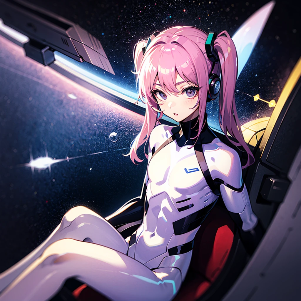(((masterpiece)))、(((Top image quality)))、(((top-quality)))、((Illustration of one adult))、full bodyesbian、((25-years old))、((25-years old))、(((The face is a woman、The body is a man)))、(((Twintails with pink hair)))、Light gray eyes、((Tall))、((Flat))、((Muscular strong man's body))、((Muscular strong man's body))、(((solid chest)))、((muscular chest plate))、abdominals、((muscular and thick arms))、((muscular and thick legs))、((manspreading))、(((White pilot suit)))、((Sitting in the cockpit))、(The Universe on the Monitor、Earth seen from space、Spaceport)