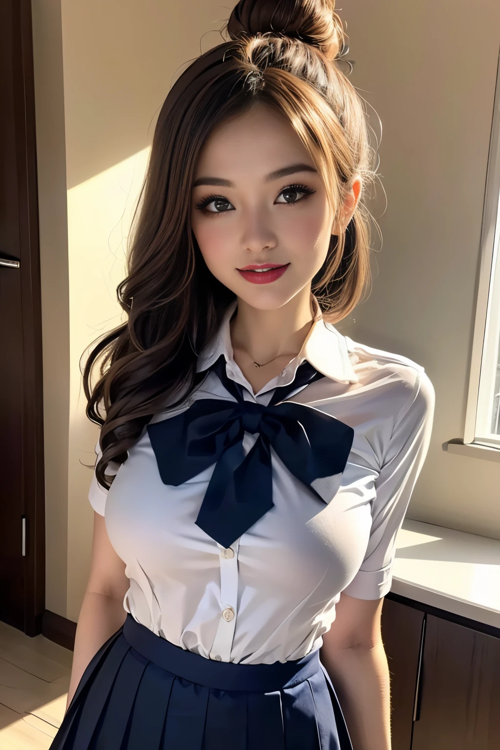 1 beautiful young woman, Extremely detailed eyes and face, Realist, Extremely detailed CG unified wallpaper 8k, The is very detailed, RAW HD color photos, professional photoshooting, Realistic portraits, 电影灯光, beautifuldetails, Be red in the face, Avegonzado, (The beautiful:1.3), (:1.2), (Realistic skin:1.2), (Best quality:1.4), super detailing, high high quality, (Open-chest school uniform:1.5), (mini-skirts), (:1.5), Camel toe detail, Inside the, schools,  sitted, pair, (look from down:1.2),8K，hyper realisitc，Beautiful female model，，The extremely detailed room has a direct view of the huge collar relief.，peel off, Huge tits filled with milk, Milk Bubu,(On the table, best calidra details, Photorealsitic, beautiful blonde woman, ((Ruffled gothic punk skirt)), Mesh top with flared hem and ruffled sleeves, high-heels, a necklace, curlies, Perfect face shape, pretty  face, 's, big beatiful eyes, I opened my mouth wide, Happy, heavy  makeups, Purple lips, dark eye makeup, green-eyed, lusty  smile, Bewitching body, bigger, (Night lounge), foot on foot,Generate data,clew,Control net,One is wearing a black skirt、woman with bat and full moon, a beautiful succubus, succubi((Best quality)), ((The is very detailed)),Photorealsitic, Realist, 3D realism, 8K quality CQ, tmasterpiece, HighDynamicRange, Glow, Natural skin texture, (Every hair is drawn:1.3), Mature woman, long face, long whitr hair, curves, 城市, rim, (light brown hair:1.4), 鎖骨, depth of fields, eyeline, eye shadows, mesh leggings, rocker,  backdrop, green-eyed, hair between eye, hair-bun, Bun in the center of the head, hair loops, , cparted lips, lipsticks, long whitr hair, looking at viewert, cosmetics, medium