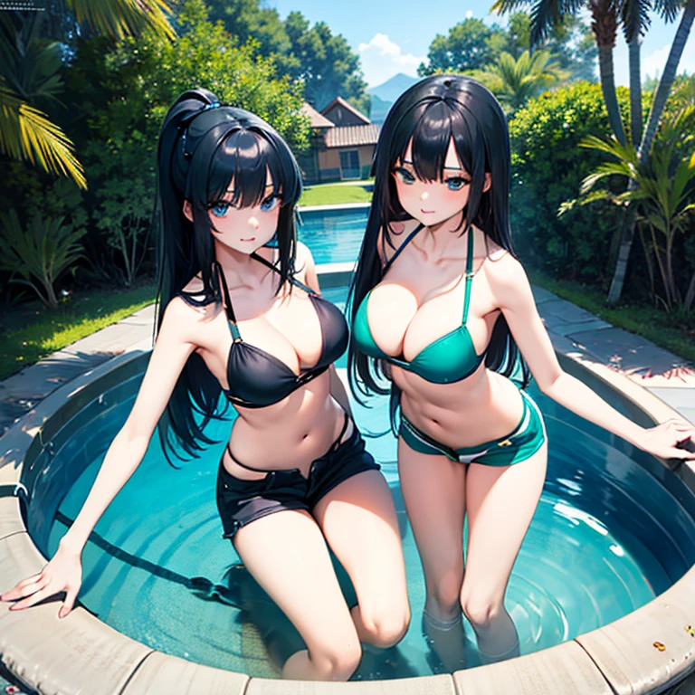 (Best Quality)), ((Masterpiece Art)), A trick for flawless beauty, (high resolucion), Very reduced 8K , a flawless face, perfect eyes, Symmetrical body shape,Black hair, green bikini, blue hot pants, large full breasts, sexual intercourse, Sexual attractiveness, pool,