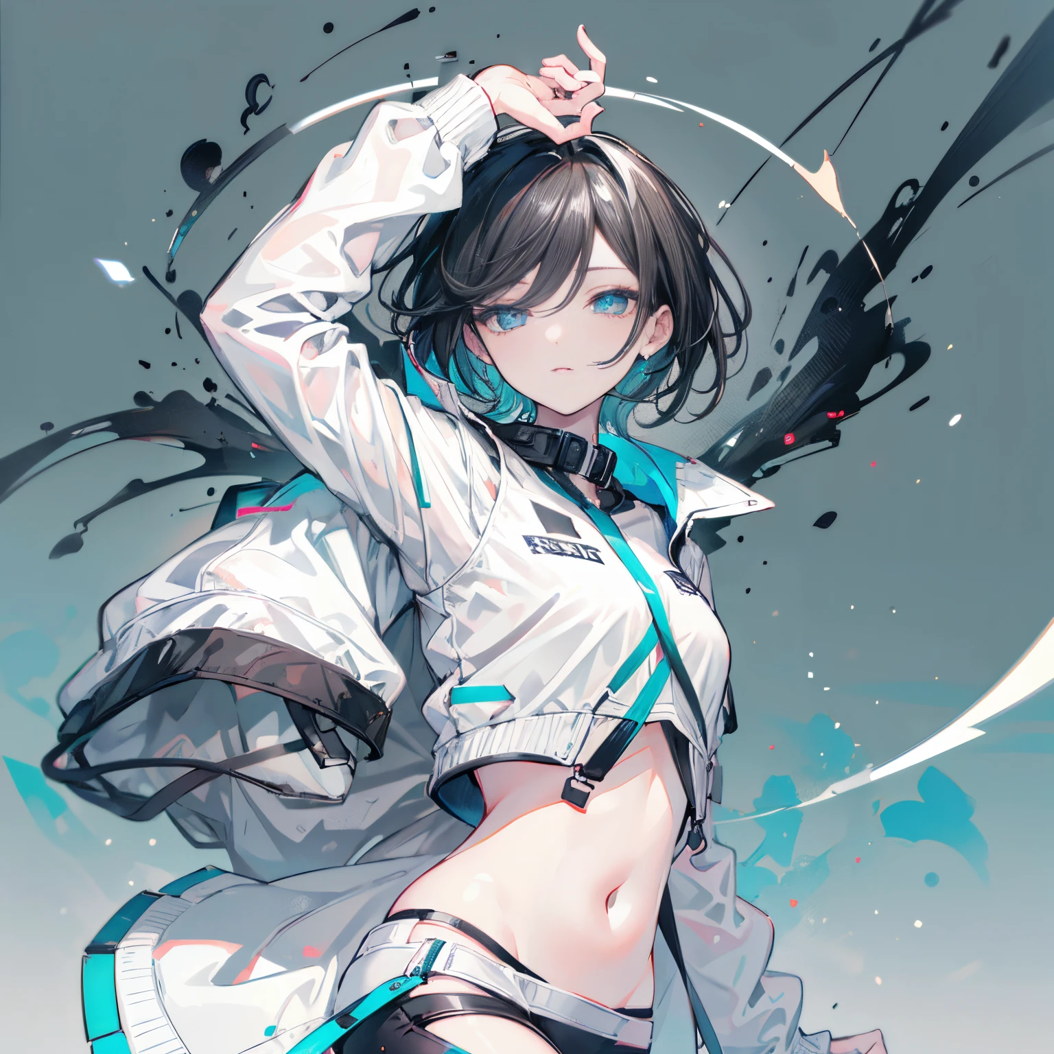 (masutepiece:1.2, Best Quality),  [1 girl in, expressioness, Turquoise eyes, black hair, half short cut hair,White Jacket,jacket comes off, ,Upper body]  (Gray white background:1.7),