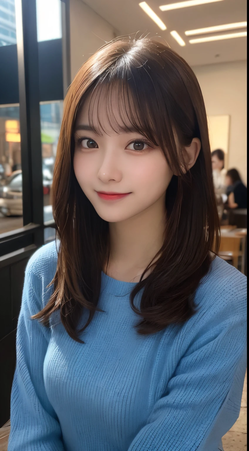 masutepiece, Best Quality, Illustration, Ultra-detailed, finely detail, hight resolution, 8K Wallpaper, Perfect dynamic composition, Beautiful detailed eyes, Long Sleeve Casual Dress,Medium Hair,small tits,Natural Color Lip, Bold sexy poses,Smile,20 years girl、Cute、Sexy shot looking at camera,Blur the background,beautifull detailed face，Get close to the camera and take only the face,Perfect and beautiful face