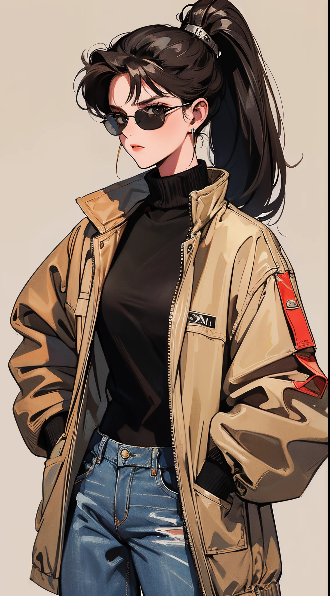 sharp, 1 girl, high ponytail, black hair, sunglasses, brown coat, dark turtleneck,half body, small earrings, trousers, baggy jeans, plain background