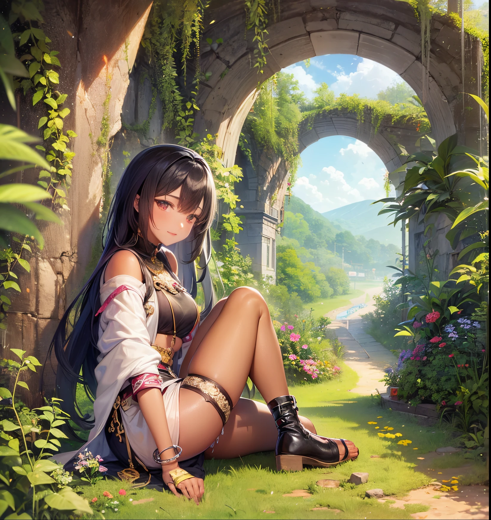 1girl, (solo), short ponytail hair, black hair, flat chest, black eyes, small size, tanned skin, perverted face, red cheeks, naked, full body, very lots of cum on sex, penis in vagina, sitting, (day), sunny, castle, town behind (very sexy body, detailed face, masterpiece, highly detailed, 8k, best quality, vibrant colors, digital art, concept art)
