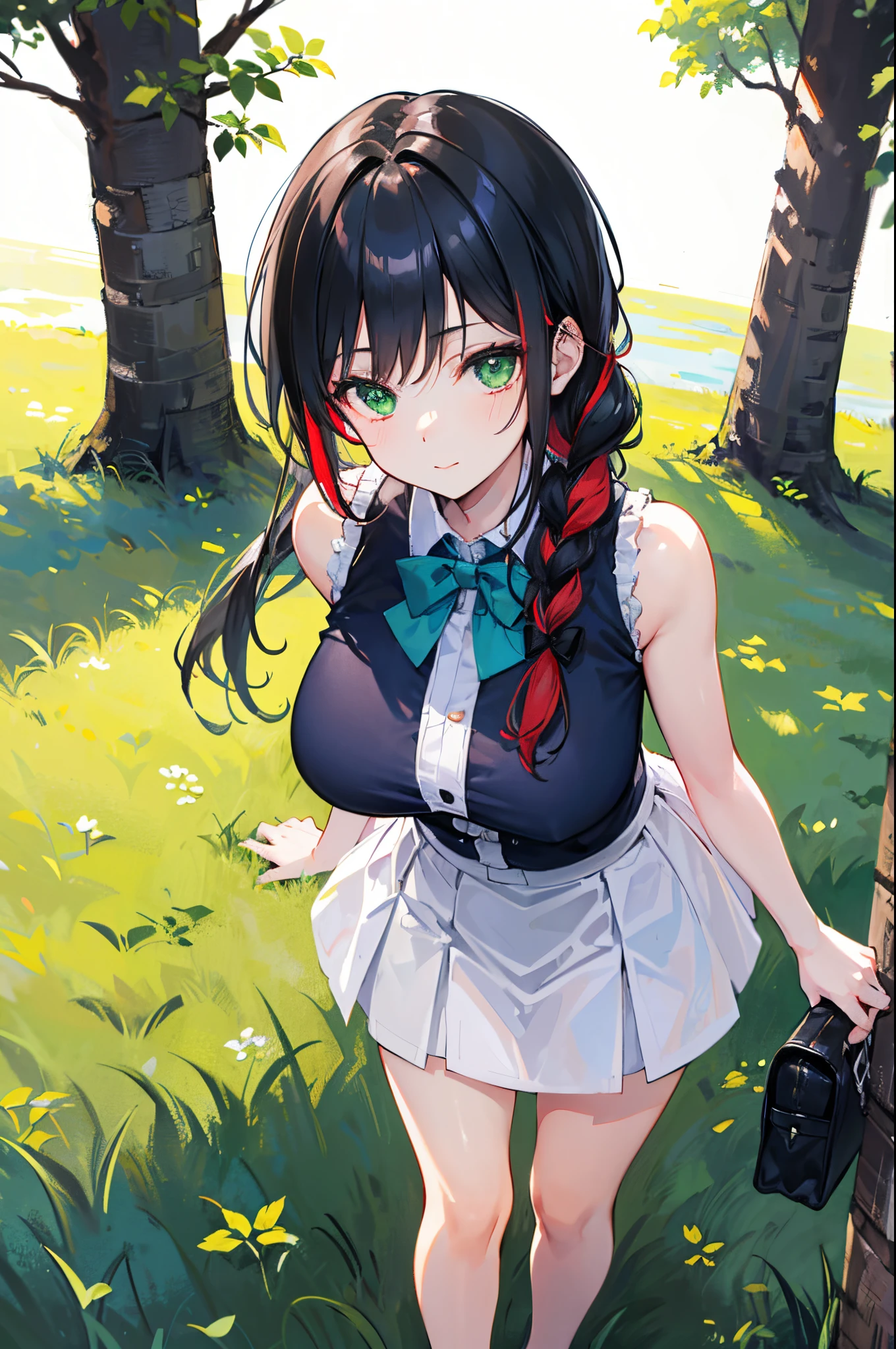 Young woman with black hair with red highlights, 25 years old,Adult body;;;;, green eyes, long-haired,Green braid tied in bows left and right......Big breasts..,, Wear a blue sleeveless shirt......button up.  White short skirt, Walk on the grass with a slight smile on your face...................