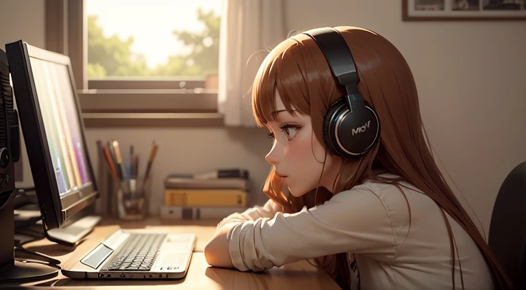 (((anime minimalistic))), (((best quality))), ((sunlight light)) lofi girl is listening to music and is working on her computer