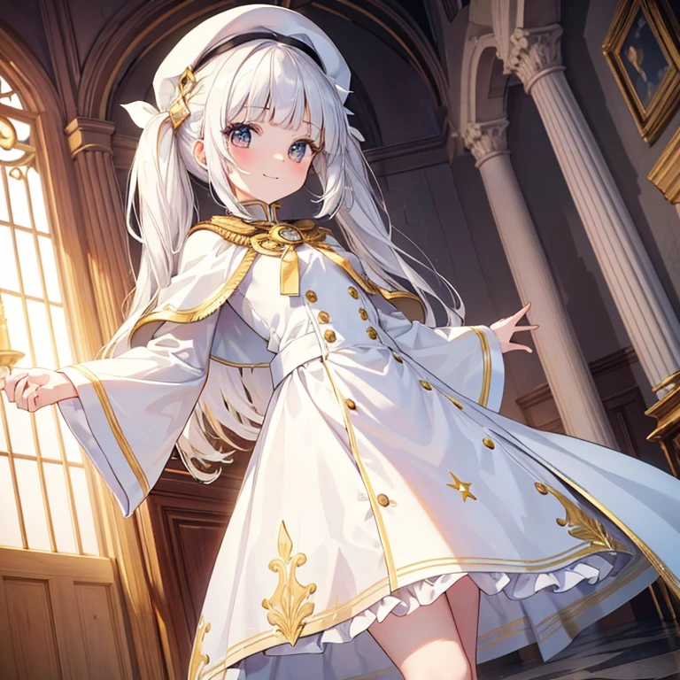 masterpiece, best quality, ultra detailed, 1girl, (li:1.4), in(14 yearsagical girl, army uniform, white clothes, white cloak, white beret, flat breast, white skin, white hair, long hair, low twin tails, hair floating, blunt bangs, gold ribbon, gold eyes, smile, body floating in air, standing, arms spreaded, divine light, magic circle on floor, from below, in great hall, in castle