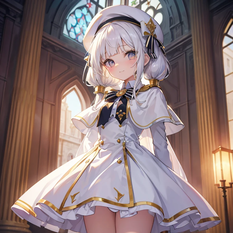 masterpiece, best quality, ultra detailed, 1girl, (loli:1.4), infant, (14 years old:1.4), magical girl, army uniform, white clothes, white cloak, white beret, flat breast, white skin, white hair, long hair, low twin tails, hair floating, blunt bangs, gold ribbon, gold eyes, smile, body floating in air, standing, arms spreaded, divine light, magic circle on floor, from below, in great hall, in castle