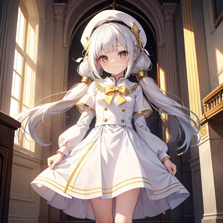 masterpiece, best quality, ultra detailed, 1girl, (loli:1.4), infant, (14 years old:1.4), magical girl, army uniform, white clothes, white cloak, white beret, flat breast, white skin, white hair, long hair, low twin tails, hair floating, blunt bangs, gold ribbon, gold eyes, smile, body floating in air, standing, arms spreaded, divine light, magic circle on floor, from below, in great hall, in castle