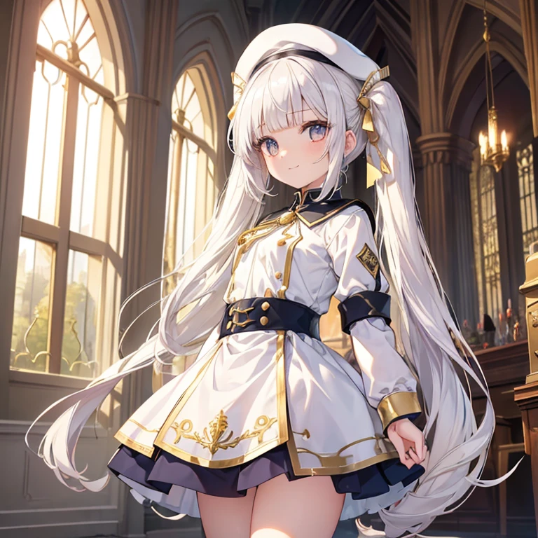 masterpiece, best quality, ultra detailed, 1girl, (loli:1.4), infant, (14 years old:1.4), magical girl, army uniform, white clothes, white cloak, white beret, flat breast, white skin, white hair, long hair, low twin tails, hair floating, blunt bangs, gold ribbon, gold eyes, smile, body floating in air, standing, arms spreaded, divine light, magic circle on floor, from below, in great hall, in castle