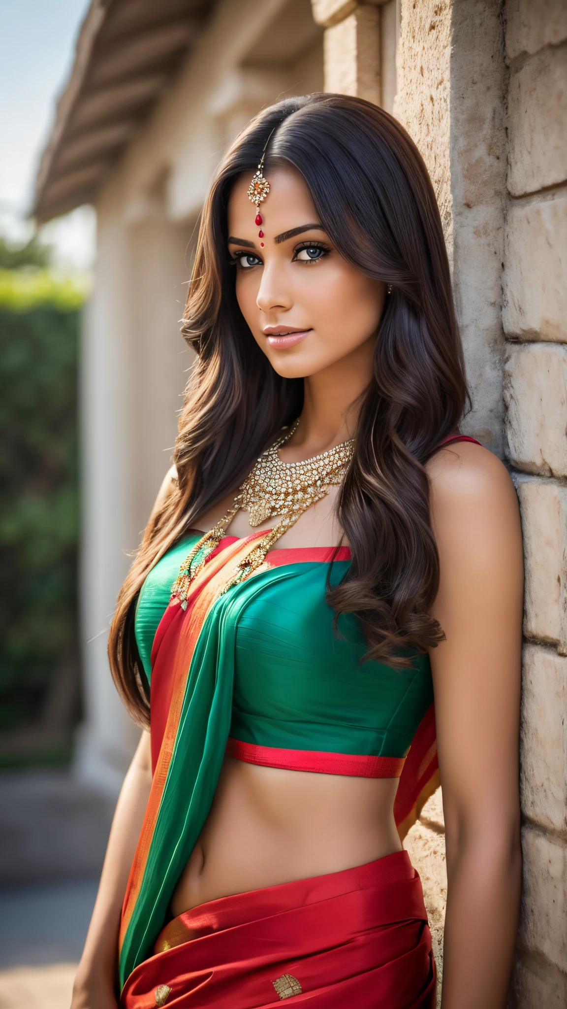 RAW portrait photo of 1 brunette woman with long hair, in front of a hindu temple, wearing a beautiful saree and jewellery, imagem de perfil, Supermodelo brasileira, morena com cabelos loiros tingidos, seminua, medium firm breasts, soio, revela seu corpo, transparente, altamente detalhado, skin imperfections:1.1), detalhada, specular illumination, DSLR, ultra qualidade, foco nítido, grain of film, Sharp features, soft natural lighting, magic photography, natural lightting, Foto realism, ultra-detalhado, 8k, melhor qualidade, Ultra Alto Nadaolução, (fotorrealista: 1.4), alta resolução, detalhada, foto crua, sharp re, (8k, 4k, melhor qualidade, alto, Ultra alto nada:1.1), (obra-prima, realista, realista:1.1), Estilo Raw 50