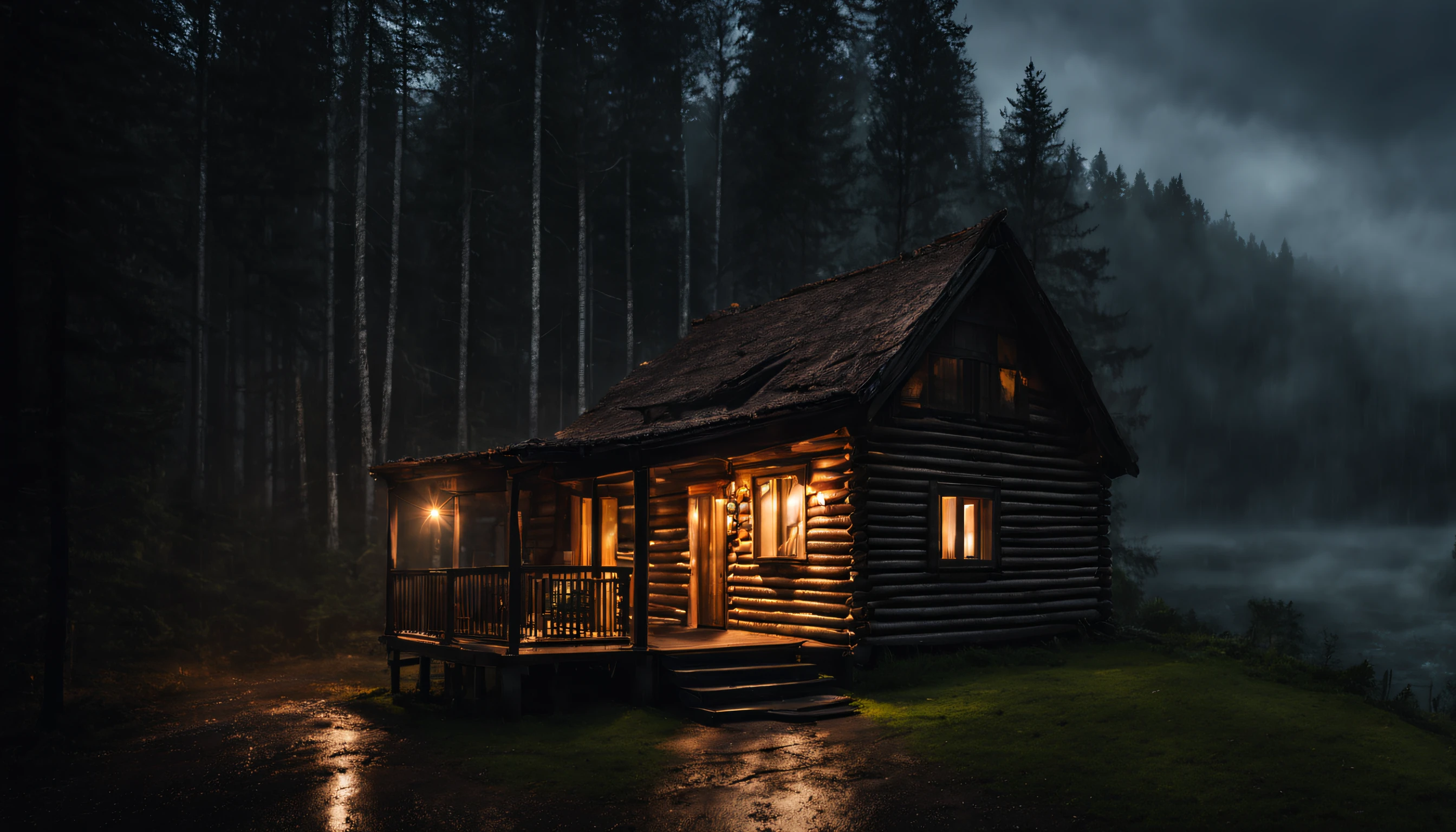 Linda cabana na floresta e chuva forte na noite escura