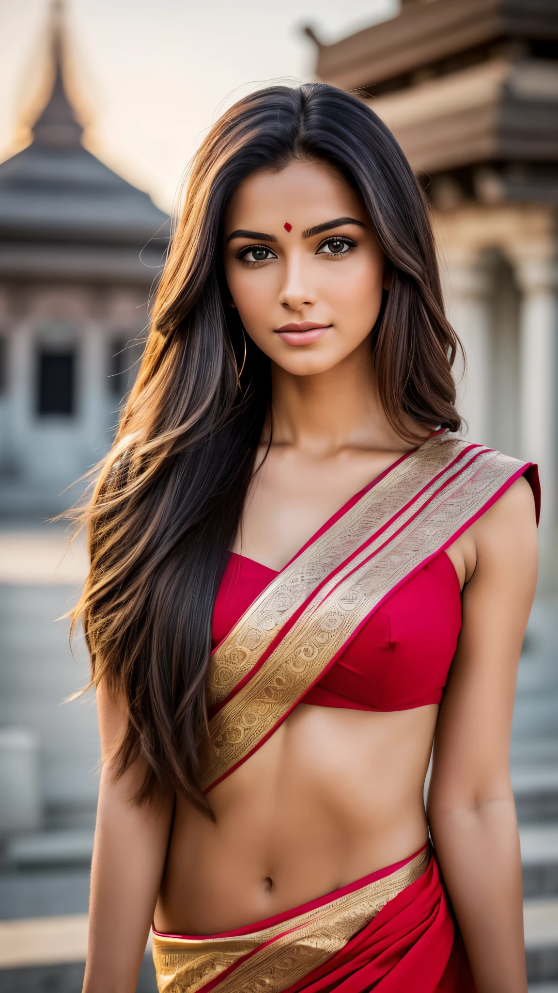 RAW portrait photo of 1 brunette woman with long hair, in front of a hindu temple, wearing a beautiful saree, imagem de perfil, Supermodelo brasileira, morena com cabelos loiros tingidos, seminua, medium firm breasts, soio, revela seu corpo, transparente, altamente detalhado, skin imperfections:1.1), detalhada, specular illumination, DSLR, ultra qualidade, foco nítido, grain of film, Sharp features, soft natural lighting, magic photography, natural lightting, Foto realism, ultra-detalhado, 8k, melhor qualidade, Ultra Alto Nadaolução, (fotorrealista: 1.4), alta resolução, detalhada, foto crua, sharp re, (8k, 4k, melhor qualidade, alto, Ultra alto nada:1.1), (obra-prima, realista, realista:1.1), Estilo Raw 50