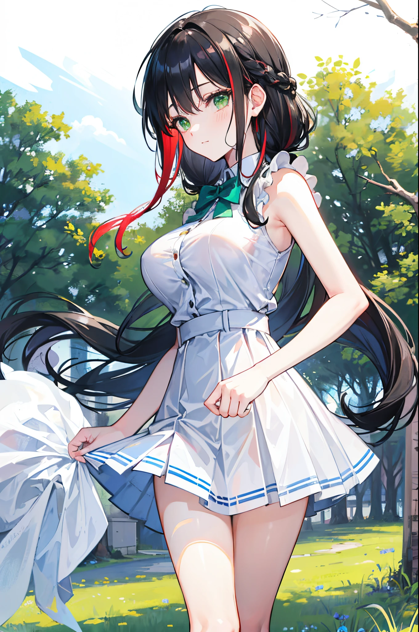 Young woman with black hair with red highlights, 25 years old,Adult body;;;;, green eyes, long-haired,Green braid tied in bows left and right......Big breasts..,, Wear a blue sleeveless shirt......button up.  White short skirt, Walk on the grass with a slight smile on your face...................