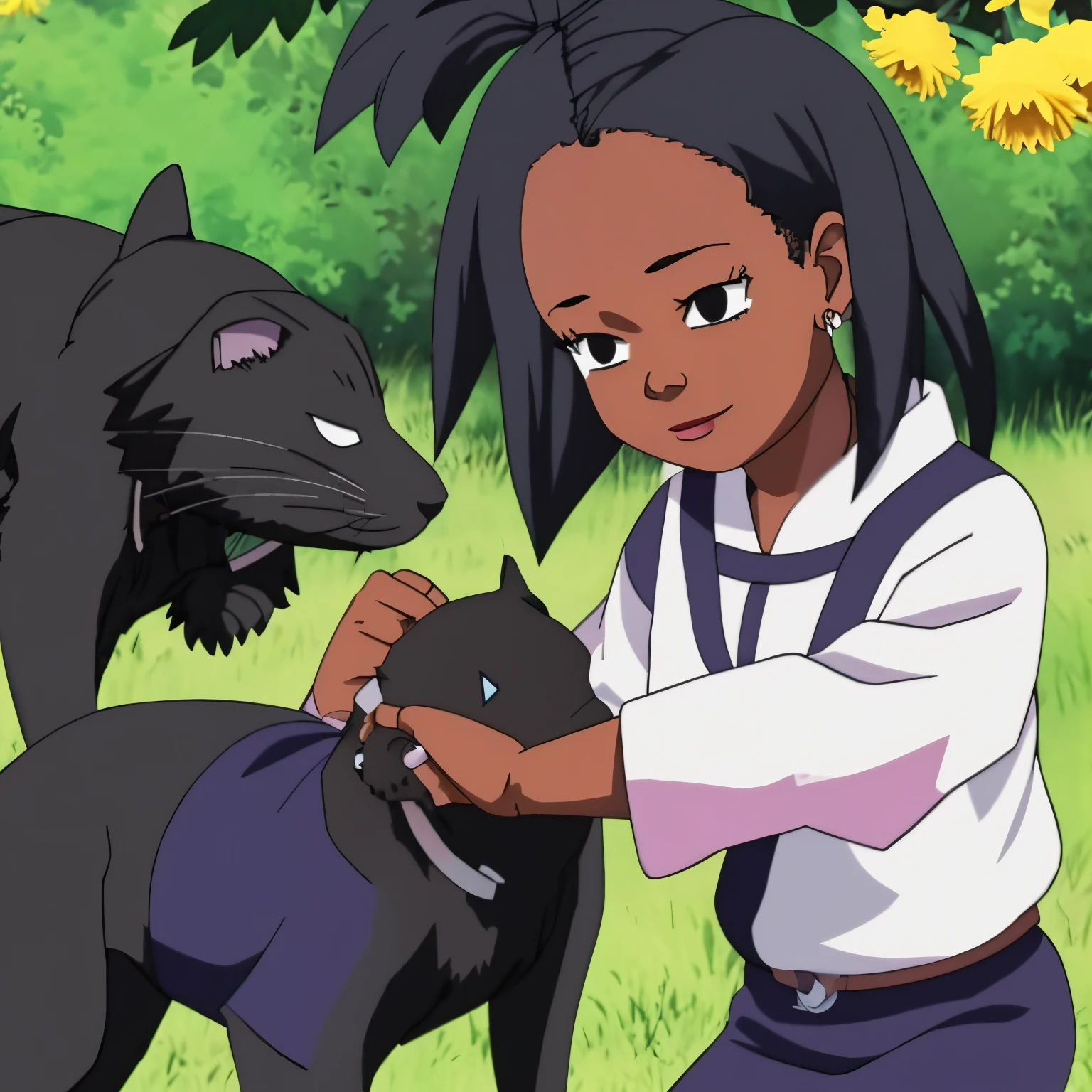 Dark skin girl, casual clothing, petting a black cat, in a park