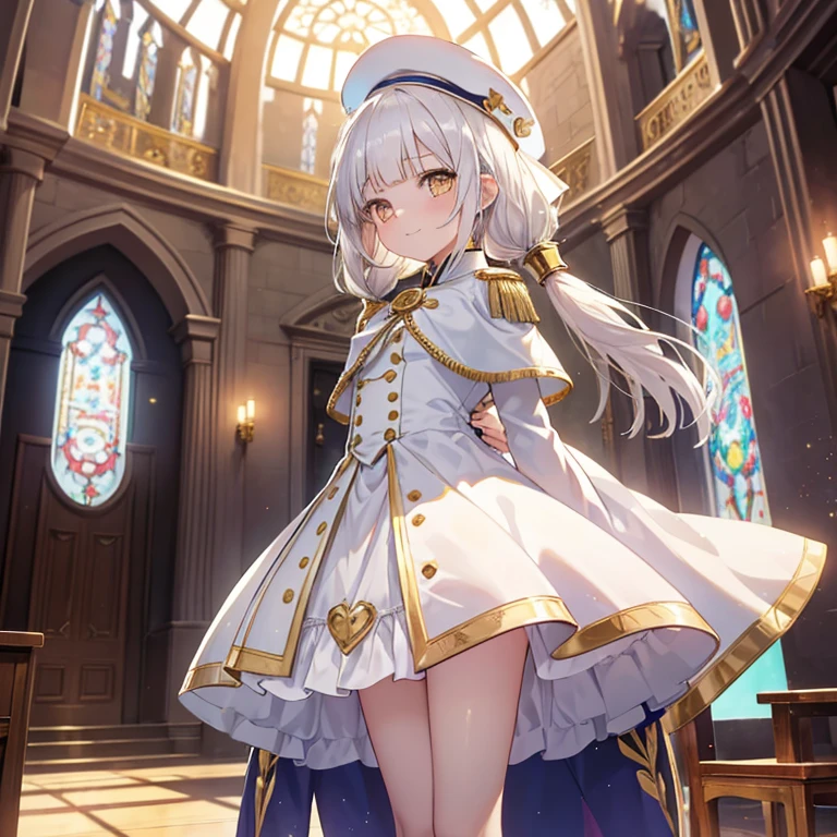 masterpiece, best quality, ultra detailed, 1girl, (loli:1.4), infant, (14 years old:1.4), magical girl, army uniform, white clothes, white cloak, white beret, flat breast, white skin, white hair, long hair, low twin tails, hair floating, blunt bangs, gold ribbon, (gold eyes:1.3), smile, body floating in air, standing, arms spreaded, divine light, magic circle on floor, from below, in great hall, in castle
