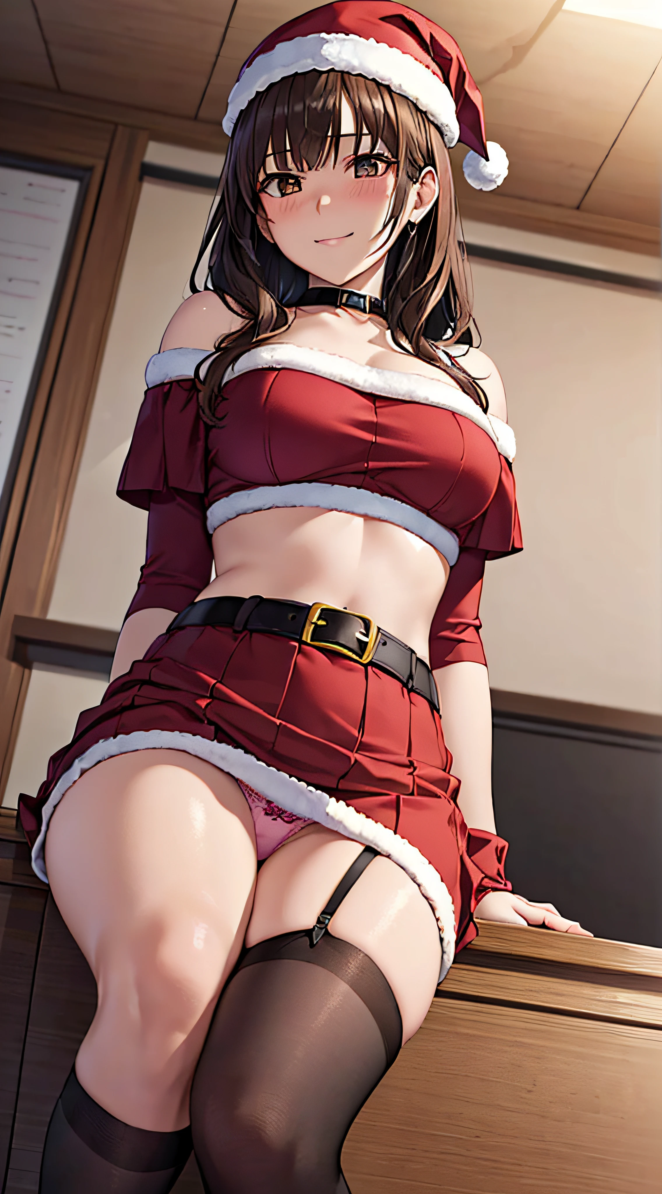 ((masutepiece, Best Quality, hight resolution, nffsw, Perfect Pixel, 4K, nffsw, nffsw))), 1girl in, Single, Solo, Beautie、full body seen、 ((Middle Wave Hair, Bangs, Brown hair)), ((Brown-eyed, Beautiful eyelashes, Realistic eyes)), ((Detailed face, Blushing:1.2)), ((Smooth texture:0.75, Realistic texture:0.65, Photorealistic:1.1, Anime CG style)), medium breasts, Dynamic Angle, Perfect body, ((Santa Claus Costume、Red knitted hat、red and white off shoulder sweater、red and white flared skirt、Black garter stockings、Kamimei)), Classrooms without people、Sit on a desk、Lower'I took my foot off the desk...................、、early evening、、((Angle looking up from below))、Very embarrassing panic smile、(Lift the skirt with your right hand、Touching the chest with your left hand、Open both legs、Pink floral lace panties)、