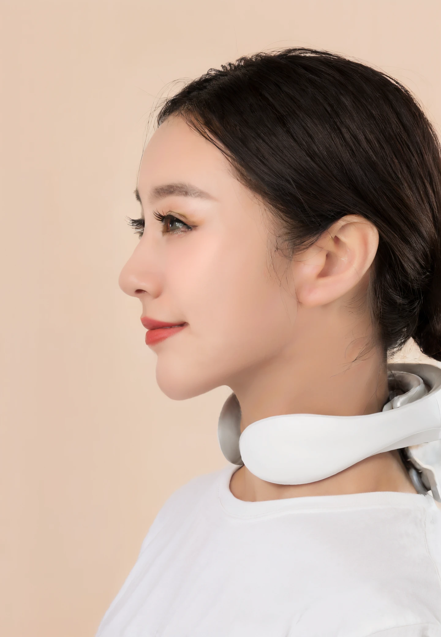 French-German woman wearing white shirt and white tie, attractive neck, robot neck, wearing collar on neck, collar around neck, neck visible, furry neck, face neck shoulders, product introduction photos, collar around neck, open neck collar, Thick neck, Tightly wrapped around the neck, Official Product Pictures, white neck visible