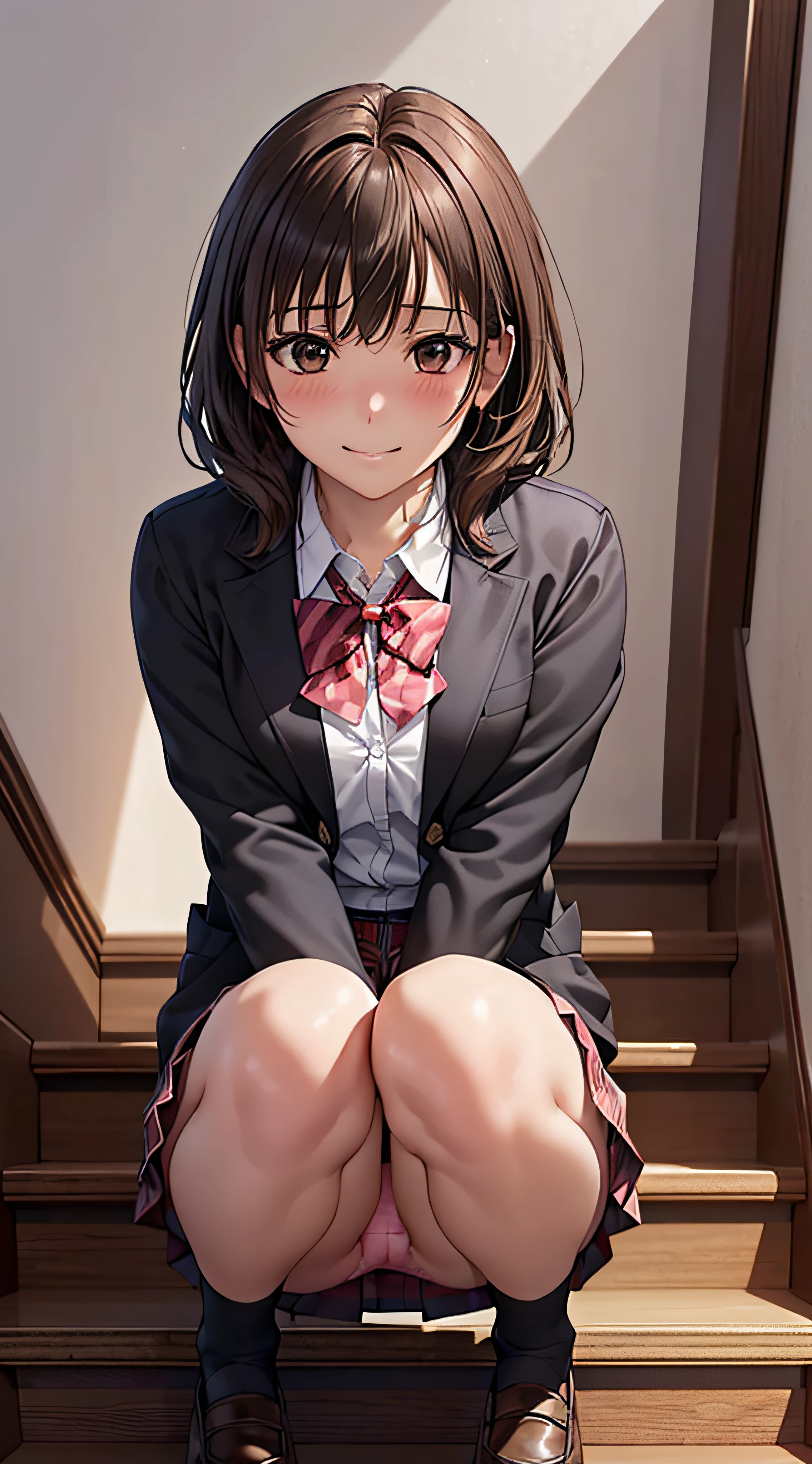 ((masutepiece, Best Quality, hight resolution, nffsw, Perfect Pixel, 4K, nffsw, nffsw))), 1girl in, Single, Solo, Beautie、full body seen、 ((Middle Wave Hair, Bangs, Brown hair)), ((Brown-eyed, Beautiful eyelashes, Realistic eyes)), ((Detailed face, Blushing:1.2)), ((Smooth texture:0.75, Realistic texture:0.65, Photorealistic:1.1, Anime CG style)), medium breasts, Dynamic Angle, Perfect body, ((red bowtie, School uniform, Black jacket, Open jacket, Brown cardigan, White shirt, Black skirt, plaid skirts)), City staircase、Looking up from the bottom of the stairs、Very embarrassing panic smile, sit on stairs、(The wind flipped my skirt and exposed my butt.................................、、opens legs、Open both knees、Light pink floral lace panties)、