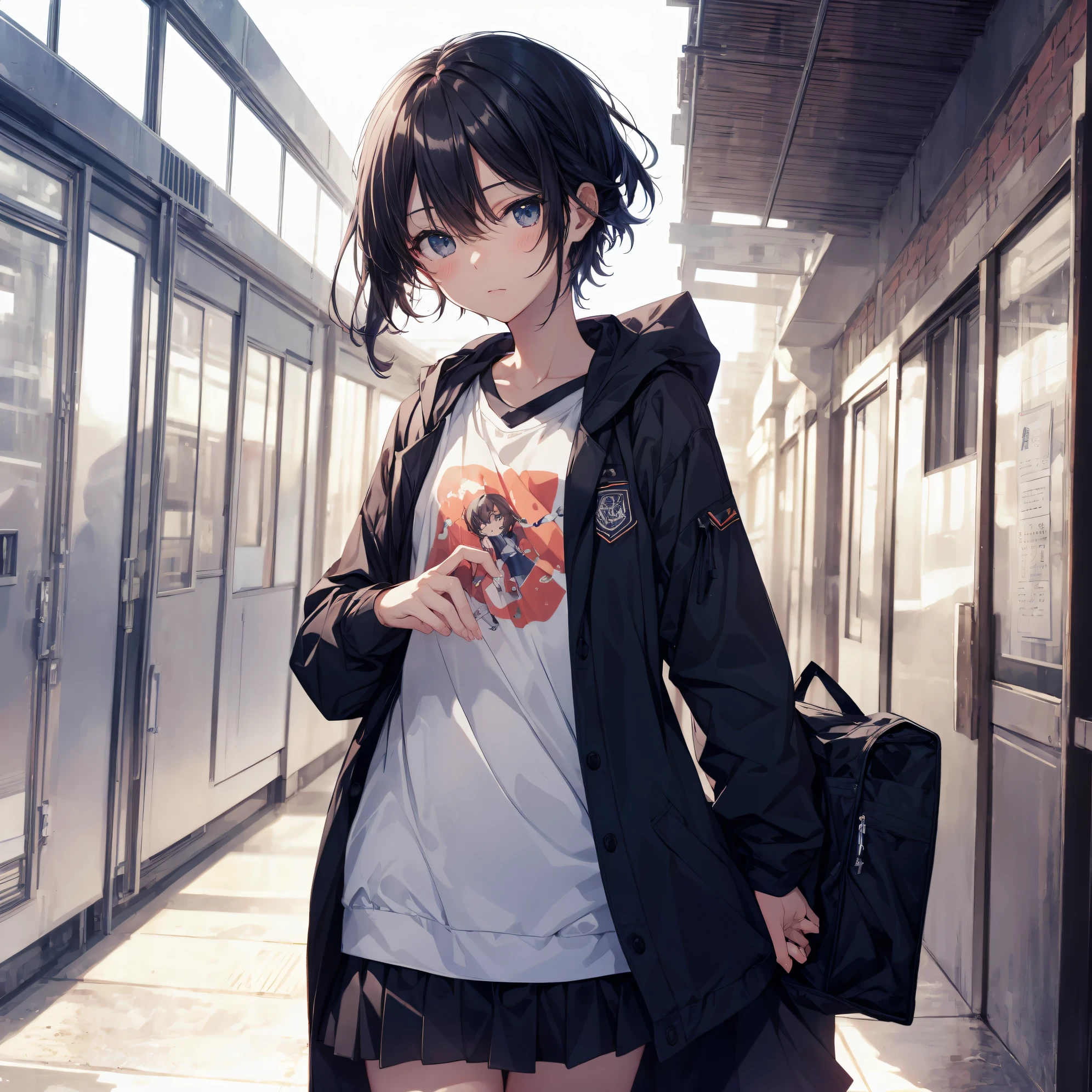 Super high quality by the art god, Ultra-detailed, High resolution, anime moe art style, Best Anime 8K Konachan Wallpapers, Pixiv Contest Winner, Perfect Anatomy, BREAK,(Draw a girl sleepily walking to school. ),BREAK, 1girl in, (Solo,Lori,child,13years:1.3),Full limbs, complete fingers,a junior high school student, Androgynous attraction, (Very short hair), Sleeping hair, hair messy, flat chest, Small butt, groin, Small eyes,Beautiful detailed black eyes, Well-proportioned iris and pupils, disgusted eye,  High resolution detailed hair, School uniform, Skirt, On the way to school. BREAK,super detailed skin, Best lighting by famous artists, 8K, Illustration,