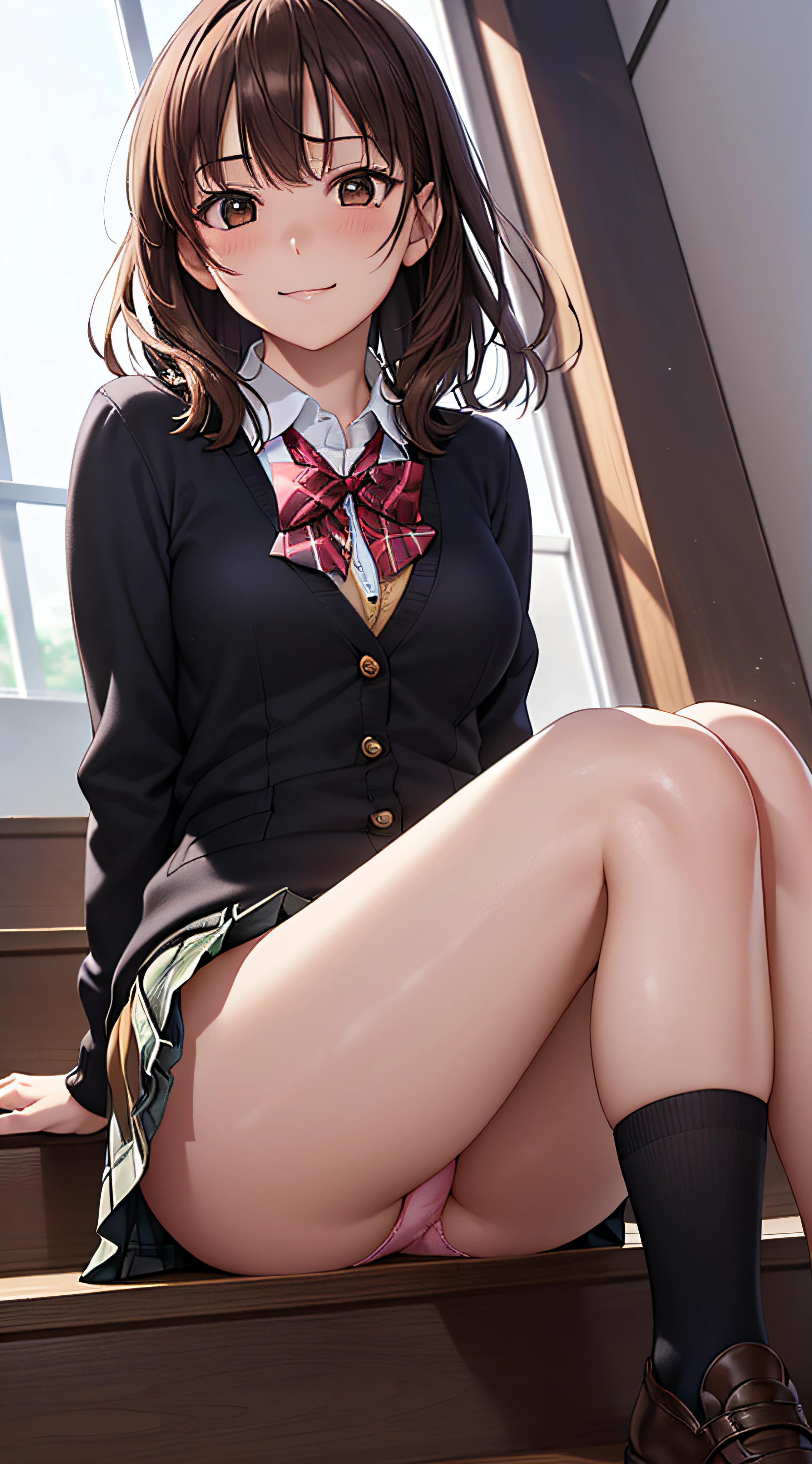 ((masutepiece, Best Quality, hight resolution, nffsw, Perfect Pixel, 4K, nffsw, nffsw))), 1girl in, Single, Solo, Beautie、full body seen、 ((Middle Wave Hair, Bangs, Brown hair)), ((Brown-eyed, Beautiful eyelashes, Realistic eyes)), ((Detailed face, Blushing:1.2)), ((Smooth texture:0.75, Realistic texture:0.65, Photorealistic:1.1, Anime CG style)), medium breasts, Dynamic Angle, Perfect body, ((red bowtie, School uniform, Black jacket, Open jacket, Brown cardigan, White shirt, Black skirt, plaid skirts)), City staircase、Looking up from the bottom of the stairs、Very embarrassing panic smile, sit on stairs、(The wind flipped my skirt and exposed my butt.................................、、opens legs、Open both knees、Light pink floral lace panties)、