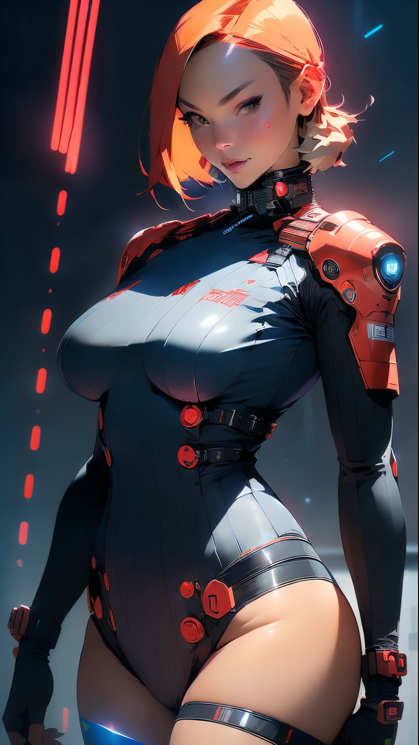 ((Best quality)), ((masterpiece)), (detailed: 1.4), (Absurd), Caucasian woman fighter pilot ready for war, front walking, Captain Brittany's outfit from Marvel comics, sculptural body defined, half-thick thighs bare, mouth closed, only in panties, muscular body covered by technological clothing, Neon Genesis Evangelion style, cyberpunk, generous neckline, ((perfect large breastlue eyes without pupils),  ((very dark blue, red and white clothing)), ((((short blonde straight hair misaligned like Lucy from cyberpunk: mercenaries)))), (thin white stripes left blue covering the breasts), (red and white stripes on the arms), (((lightning bolt drawings on the arms)), long manga-style eyelashes, short underwear, garter belt, by mucha, niji --V5, close to real, psychopathic, crazy face,  sexy pose, background with a giant Gundam style robot head, 2 piece clothing, shoulder pads, airplane wings on the back, pastel, centered, scale to fit dimensions, HDR (High Dynamic Range),Ray Tracing,NVIDIA RTX,Super-Resolution,Unreal 5,Subsurface dispersion, PBR texture, Post-processing, Anisotropic filtering, Depth of field, Maximum clarity and sharpness, Multilayer textures, Albedo and specular maps,  Surface Shading, Accurate Simulation of Light-Material Interaction, Perfect Proportions, Octane Render, Two-Tone Lighting, Wide Aperture, Low ISO, White Balance, Rule of Thirds, 8K RAW, Crysisnanosuit