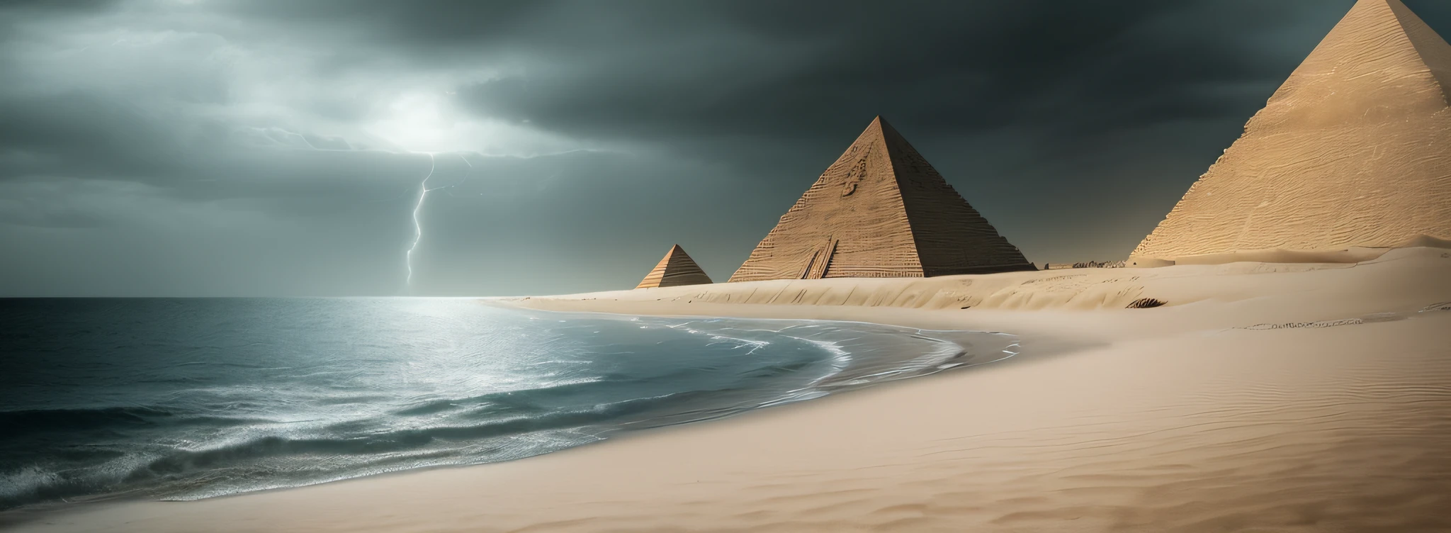 gloomy ocean, desert pyramids,  By the shore, on the shore of a desert pyramid, dark gloomy sky