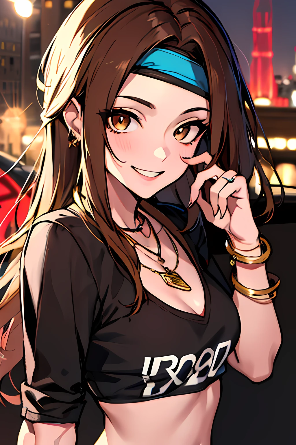 (absurdres, 8k, 4k, masterpiece, hyper extreme detailed:1.2), solo, 1girl, front view, perfect face, 1girl, portrait, expressive eyes, looking at viewer, solo, standing, Female, toned body, mature female 1girl, genie, zodiac, shirt over 1 shoulder, Brown bikini, long sleeves, necklace, long Brown Hair, city background, headband, Brown eyes, Brown skirt, small bust, rings, bracelets, charismatic, crazy face, crazy eyes, crazy smile, perfect anatomy, half body, l1girl, solo, brown shirt, gold letters, graphic t-shirt, bracelets, rings, necklace, jewelry, arm sleeves, fingerless gloves, manipulative, gaslighting, friendly, hands behind back,