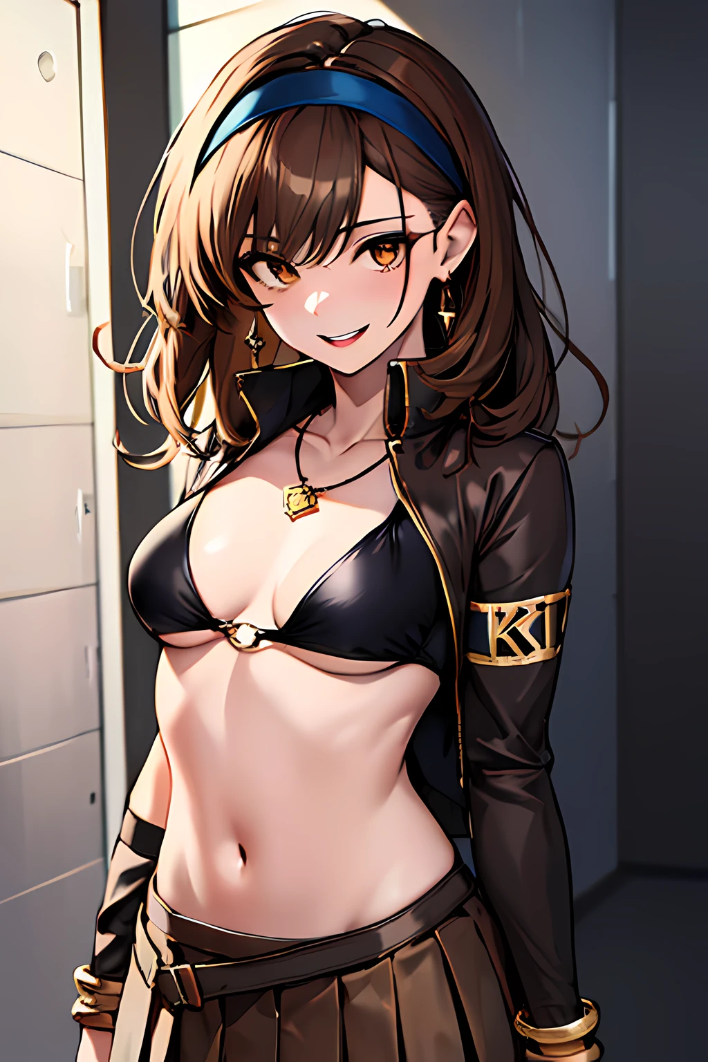 (absurdres, 8k, 4k, masterpiece, hyper extreme detailed:1.2), solo, 1girl, front view, perfect face, 1girl, portrait, expressive eyes, looking at viewer, solo, standing, Female, toned body, mature female 1girl, genie, zodiac, shirt over 1 shoulder, Brown bikini, long sleeves, necklace, long Brown Hair, city background, headband, Brown eyes, Brown skirt, small bust, rings, bracelets, charismatic, crazy face, crazy eyes, crazy smile, perfect anatomy, half body, l1girl, solo, brown shirt, gold letters, graphic t-shirt, bracelets, rings, necklace, jewelry, arm sleeves, fingerless gloves, manipulative, gaslighting, friendly, hands behind back,