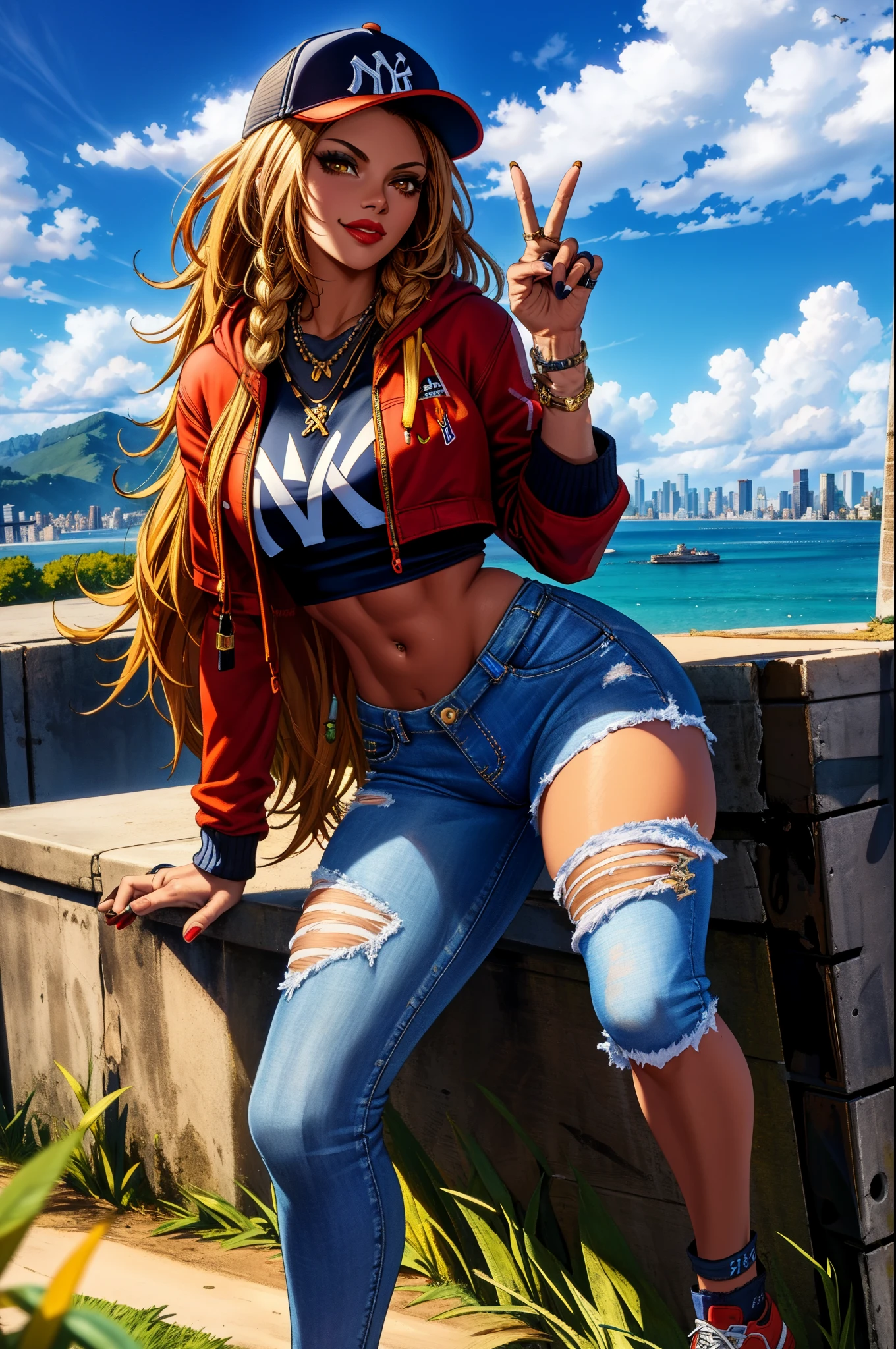 beautiful, (masterpiece:1.2), (best quality:1.2), Freya, looking at viewer, Jordan sneakers, skinny jeans, croptop, Supreme hoodie, New york yankees baseball cap, Golden chain necklace, red lipstick, Black eyeliner, Posing for a picture, California background, Smirking confidently, peace sign,