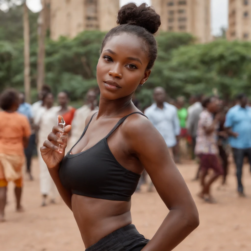 ((Dark African skin, Very deep ebony skin)), ((Its beauty undeniable)), ((Excited cute face)), ((Hyper detailed perfect eyes,)), ((pose mignonne)), ((Langue sortie)), ((Seductive )), sexy, (( Tight black t-shirt, shorts sexy)), ((Afro ponytail with long African curly hair,)), (( peau)), ((debout, vue de face)), ((toucher ses propres jambes dans une pose sexy)), ((dehors, Ville publique, Nairobi, kenya)), Sharp Focus CGI, photoreallistic, High detail, Realstic, Masterpiece, absurdes, Best quality, Hdr, High quality, high-definition, Extremely detailed, 8k wallpaper, Intricate details, 8K UHD, Full-HD, (photo realist:1.2), contraste, intense illumination, lighting cinematic, natural lighting, veilleuse, Nuit, Illumination globale, city walk, Nairobi, Kenya, Uhuru park, a la piscine African women、Female sexy、serious face, people in background, holding water bottle in hand, wink left eye