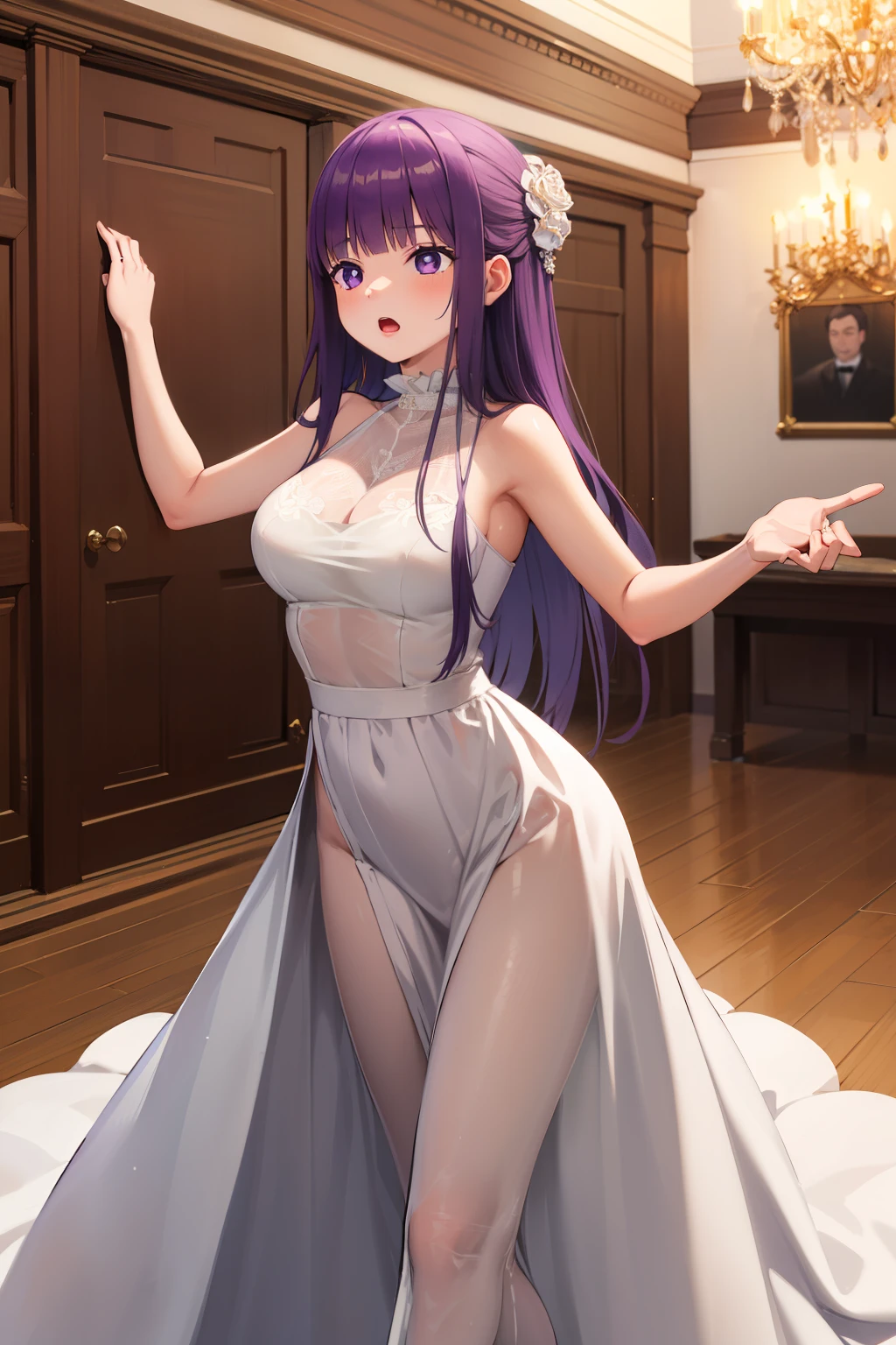 masterpiece, best quality, highres, aarurutie,1girl, wedding dress, white dress, dances with a partner, a large royal ballroom in the background, inside a knight's castle open mouth, long straight purple hair, purple clean eyes