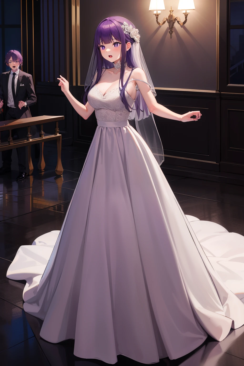 masterpiece, best quality, highres, aarurutie,1girl, wedding dress, white dress, dances with a partner, a large royal ballroom in the background, inside a knight's castle open mouth, long straight purple hair, purple clean eyes