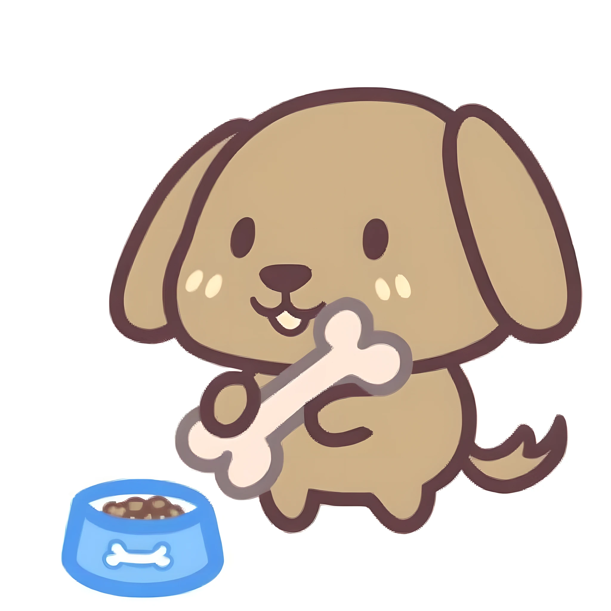 There is a bone in the dog&#39;of the mouth，There is food in the bowl, kawaii cute dog, Anthropomorphic dog eating, Cute dog, o cachorrinho, telegraph stickers, beastly, eats, Snacks, Wow a lot, pet animal, cutecore, chewed, anthropomorphic dog, cute animal, a dog, o cachorrinho