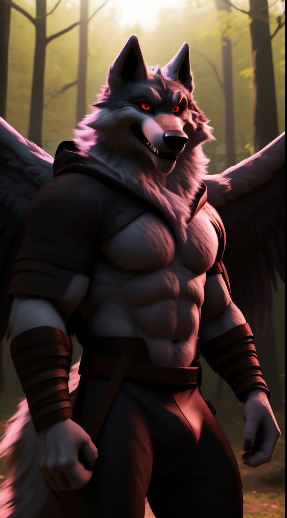 best quality,4k,8k,highres,masterpiece:1.2,ultra-detailed,realistic:1.37,(Playstation 5 graphics,3D rendering),(dark angel wings:1.1,black angel wings),(red eyes),(lonely),(floating),(detailed death wolf),(realistic death wolf),(alone in a forest),(Staring into the viewer's eyes dark angel a realistic background of the kingdom of death)