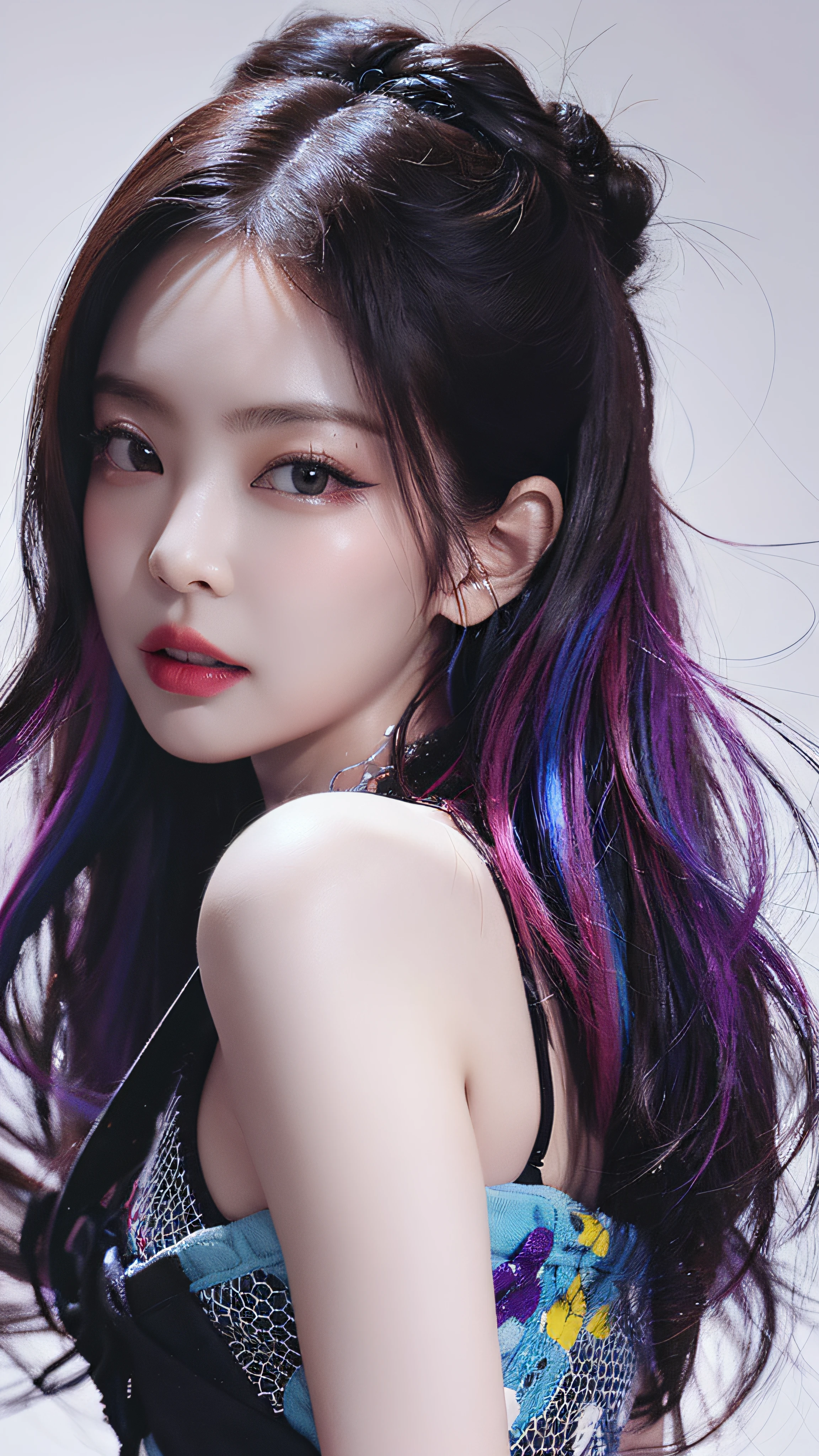 (Masterpiece, Best Quality, High Resolution), White Background, ((Paint Splash, Color Splash, Splash of Ink, Color Splash)), Sweet Chinese Girl, Rainbow Hair, Pink Lips, Front, Upper Body, Jennie Kim,