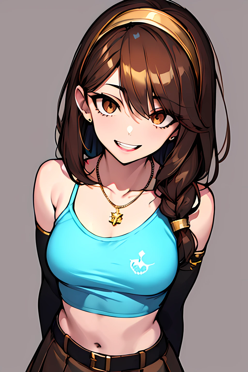 (absurdres, 8k, 4k, masterpiece, hyper extreme detailed:1.2), solo, 1girl, front view, perfect face, 1girl, portrait, expressive eyes, looking at viewer, solo, standing, Female, toned body, mature female 1girl, genie, zodiac, shirt over 1 shoulder, Brown bikini, long sleeves, necklace, long Brown Hair, city background, headband, Brown eyes, Brown skirt, small bust, rings, bracelets, charismatic, crazy face, crazy eyes, crazy smile, perfect anatomy, half body, l1girl, solo, brown shirt, gold letters, graphic t-shirt, bracelets, rings, necklace, jewelry, arm sleeves, fingerless gloves, manipulative, gaslighting, friendly, hands behind back,