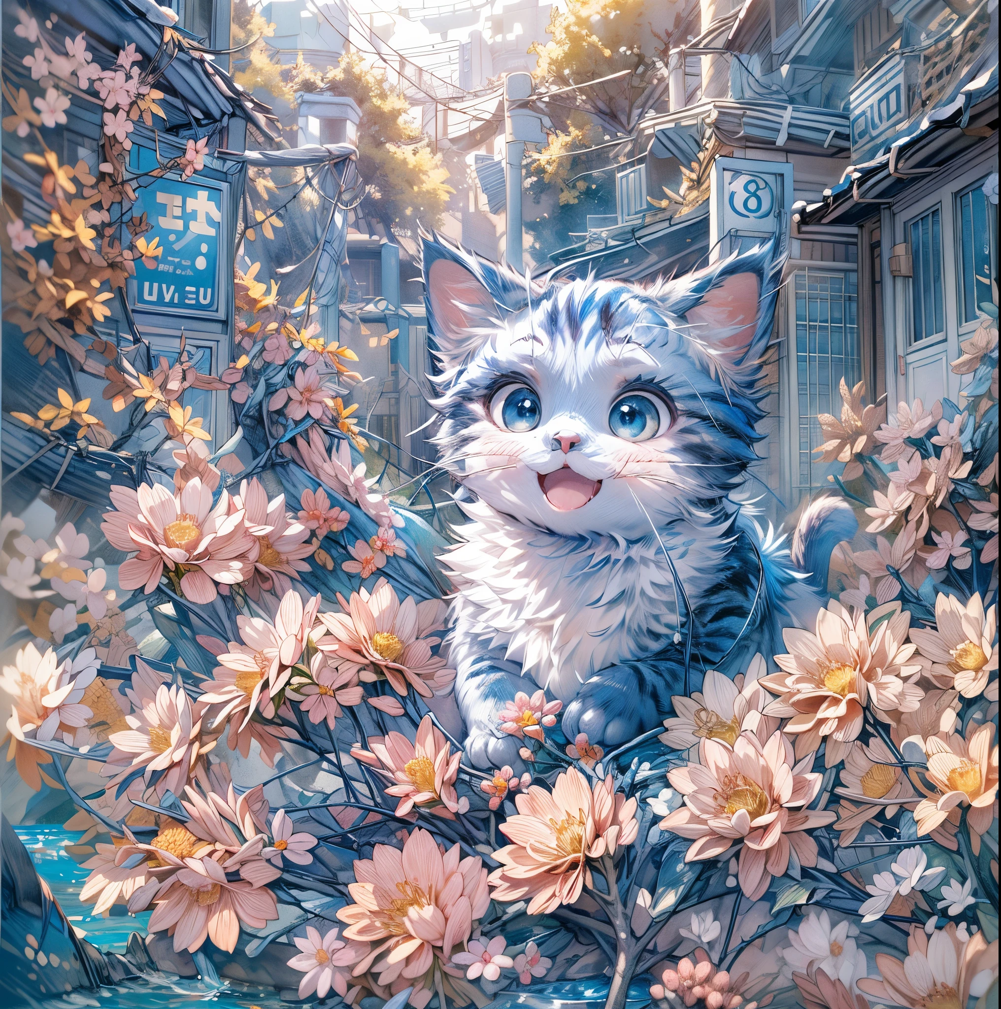 absurderes, ultra-detailliert,bright colour,(8K:1.5),masuter piece,Cat's Paradise,heart mark,Bright scenery、For that, blue open sky、extremely beautiful detailed face and eyes,(Cat personification:1.4)、(Deep Blue Eyes:1.4) Valley、Pink skin、Summer morning、A back alley with lots of flowers blooming、(Cat Pose),(Too cute smile:1.3)、double tooth,