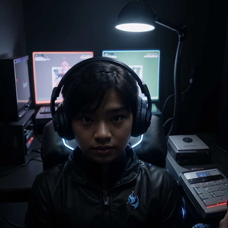 Ini adalah foto dari headset gaming hitam dengan lampu LED biru di atas keyboard