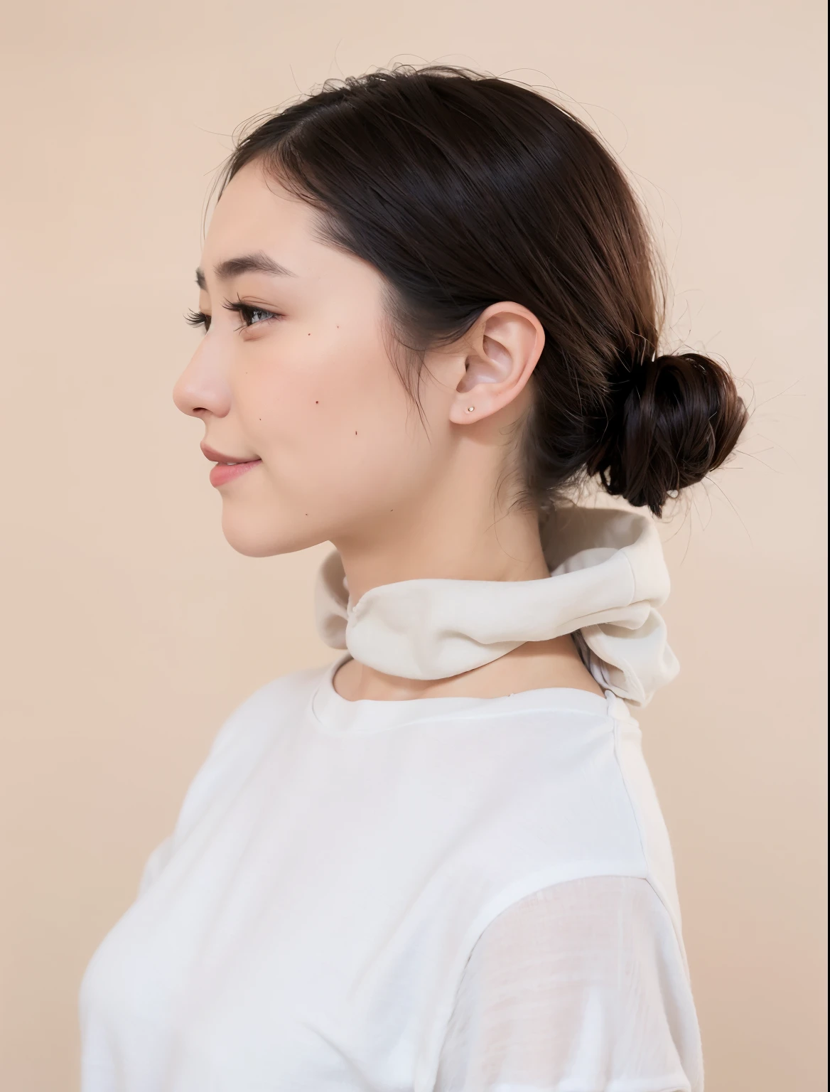 sideways female,Wearing white home clothes,short detailed hair,neck visible