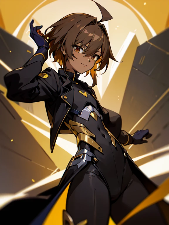 (((Dark skin))), (otokonoko), 1 male, cute, young, (beautiful boy) (short dark brown hair with ahoge)), hazel eye colour, flat chested) wearinagical Girl Lyrical Nanoha StrikerS: Vivio Takamachi long black barrier jacket black armoured bodysuit outfit black exosuit legging black gloves, black trenchcoat, cute smile, close up, golden accents, (honkai impact 3rd) (magical boy)