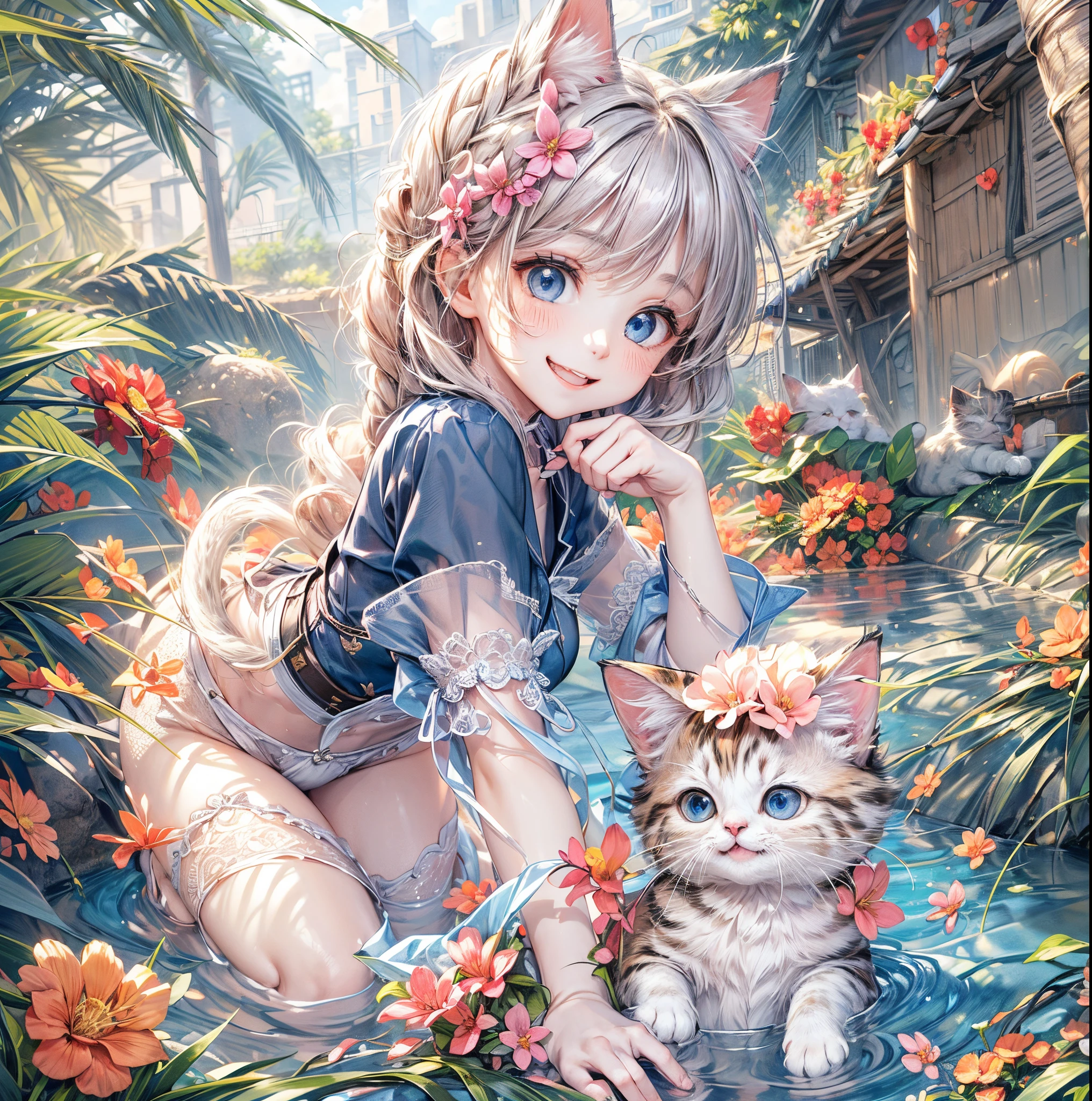 absurderes, ultra-detailliert,bright colour,(8K:1.5),masuter piece,Cat's Paradise,heart mark,Bright scenery、For that, blue open sky、extremely beautiful detailed face and eyes,(Cat personification:1.4)、(Deep Blue Eyes:1.4) Valley、Pink skin、Summer morning、A back alley with lots of flowers blooming、(Cat Pose),(Too cute smile:1.3)、double tooth,